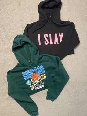 Black "I SLAY" Hoodie Crop & Forest Green Chicago Basketball Cropped Hoodie